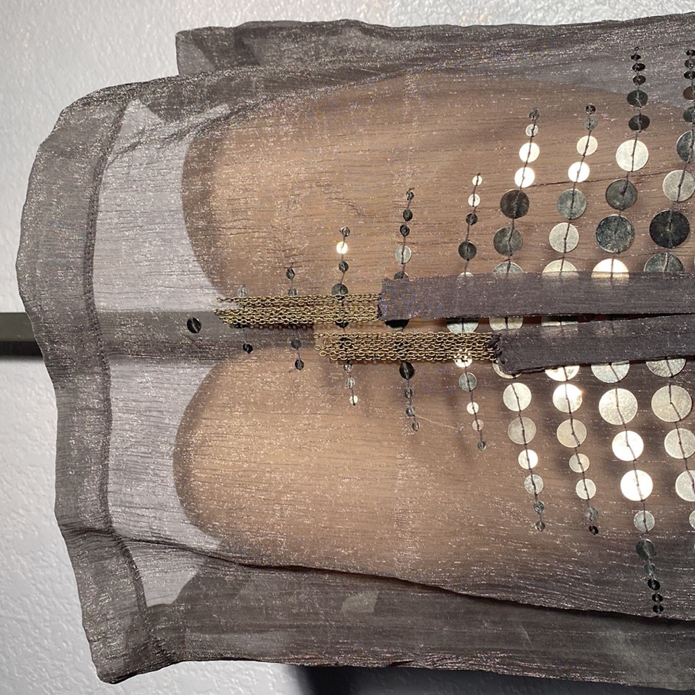 CECICO - sheer top: grey short ruffle sleeves, gold sequins & neck tie - L - Picture 11 of 16